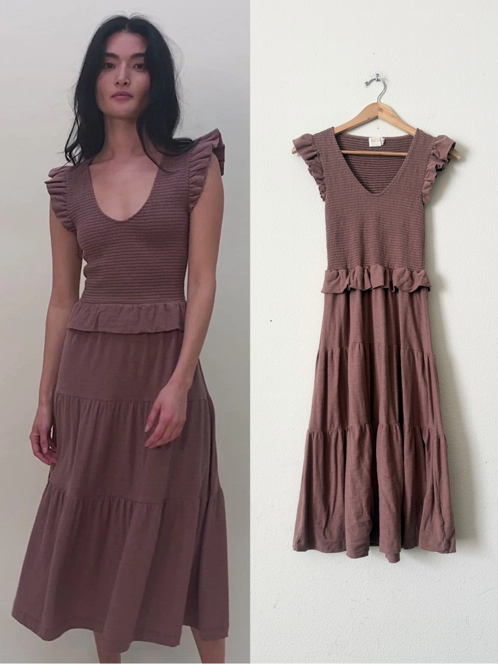 Nation LTD SMALL Fabienne Fused Ruffle smocked midi dress in Mojave